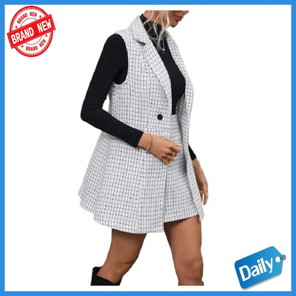 Women's Plaid Vest Blazer Skirt Set Workwear Office Business Casual - Picture 4 of 8